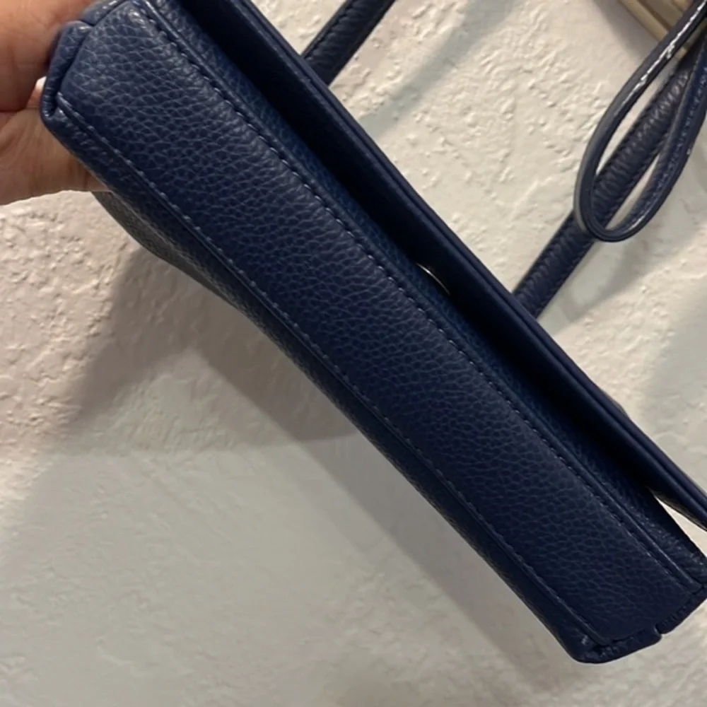 Perlina New York Navy Blue Pebbled Leather‎ Crossbody Silver Hardware Organizer